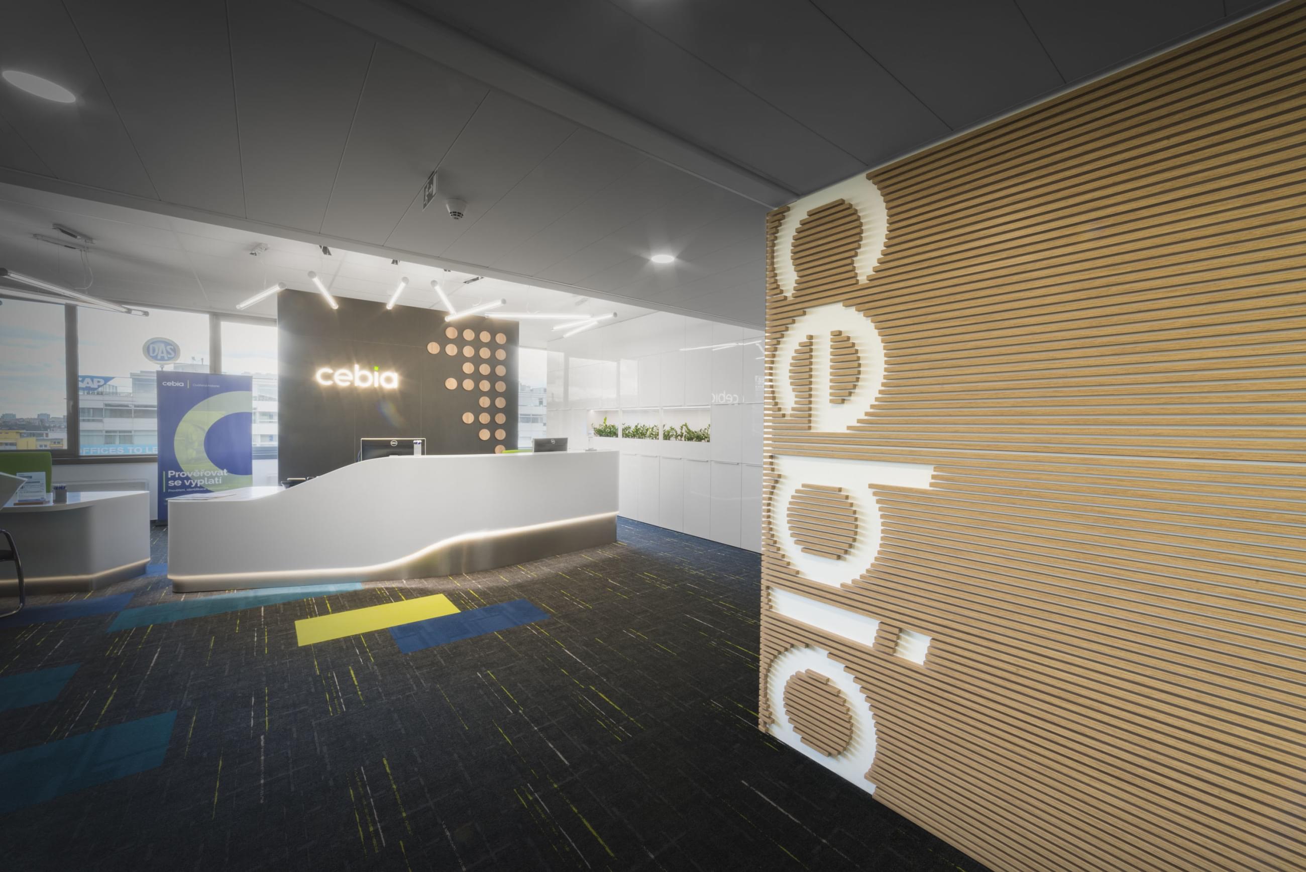 The reception is made up of a backlighted counter and a storage system.