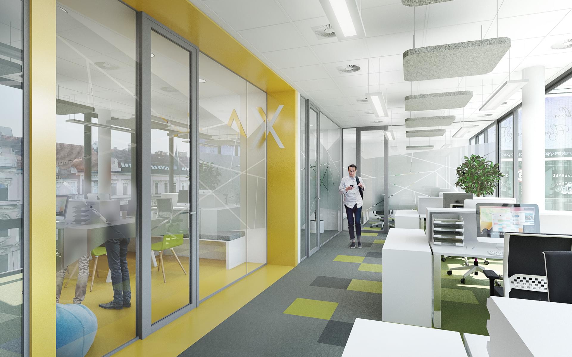 Open space office in bright colors at CBRE
