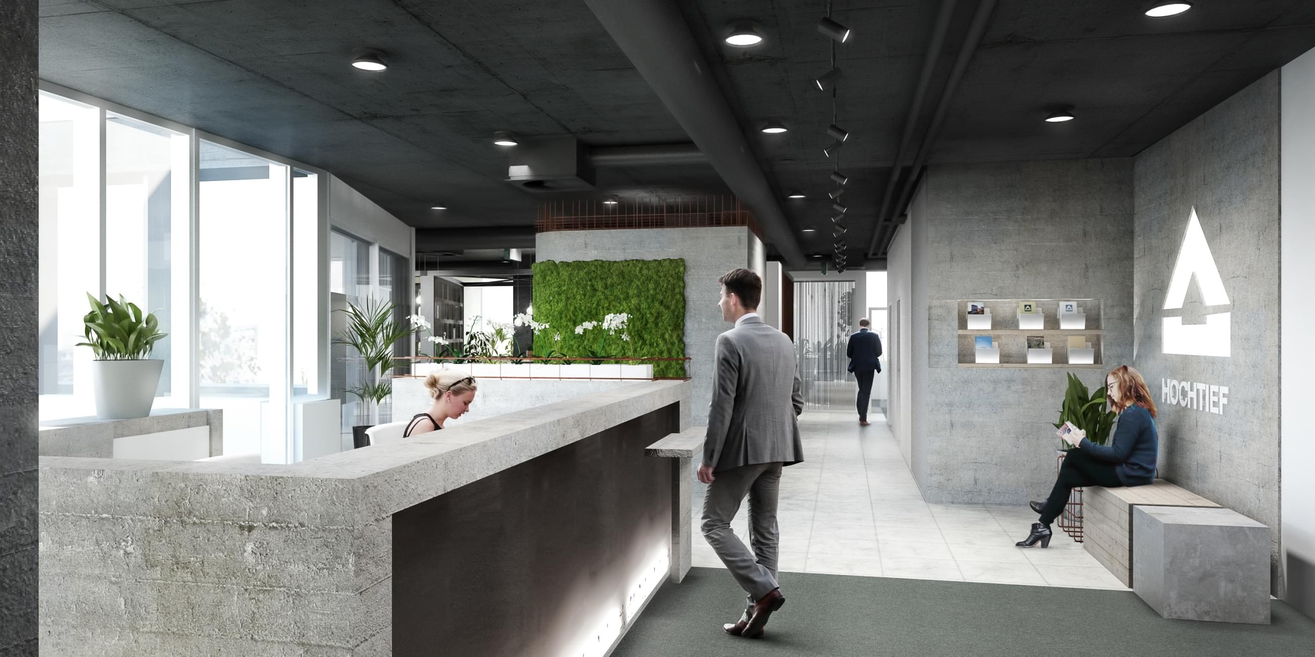 Betonová podsvícená recepce v HOCHTIEF