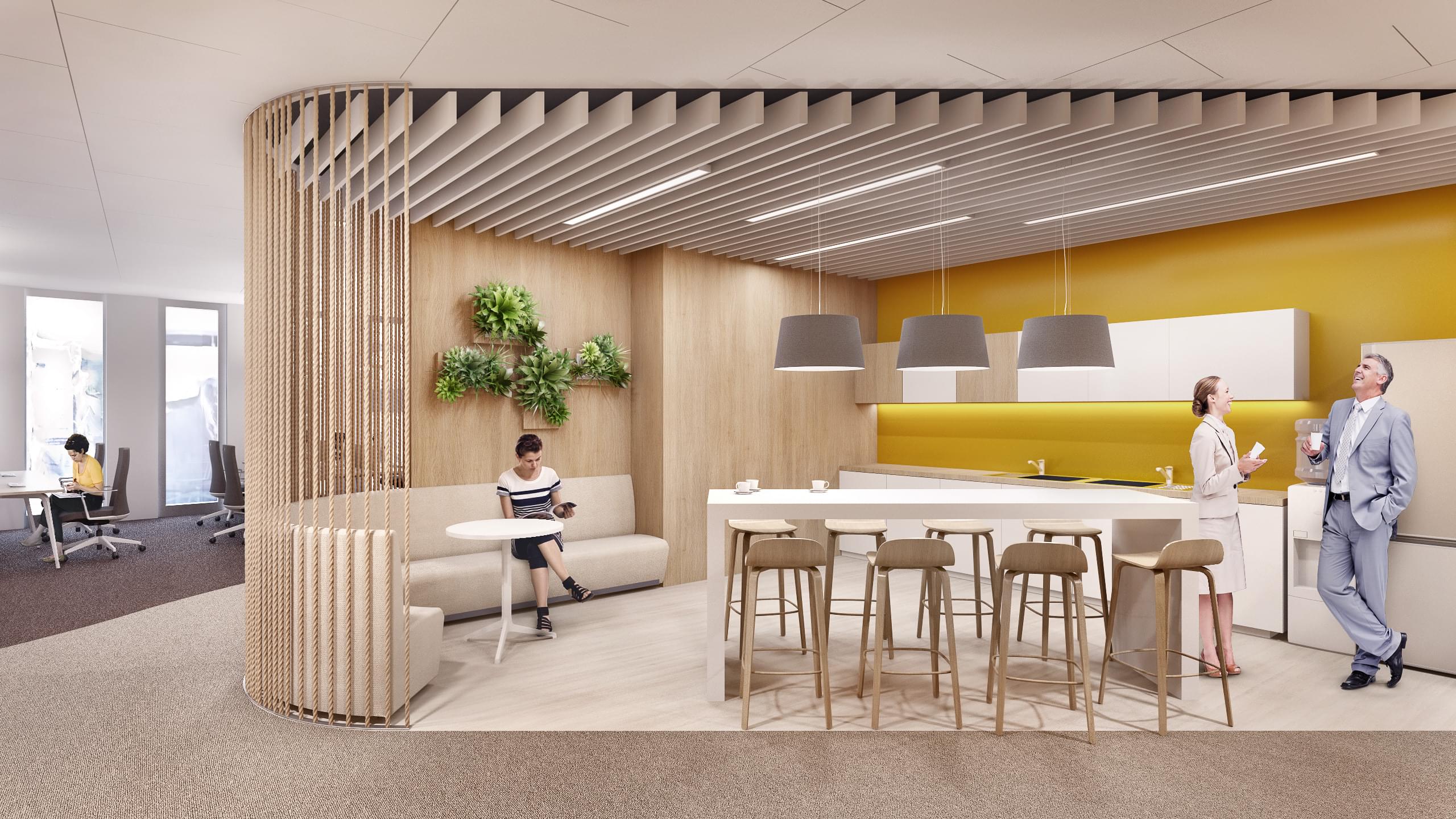 Pracovní kuchyňka ve světlých barvách vhodně doplněna o pohodlnou pohovku pro zaměstnance firmy ČAP