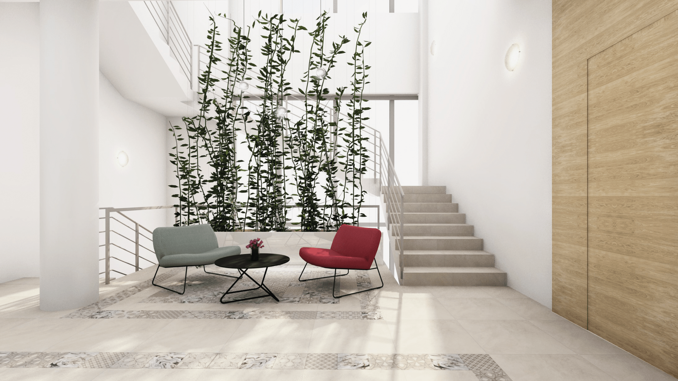 Vizualizace komerčních prostor se soft seating interiérem značky SOFTLINE