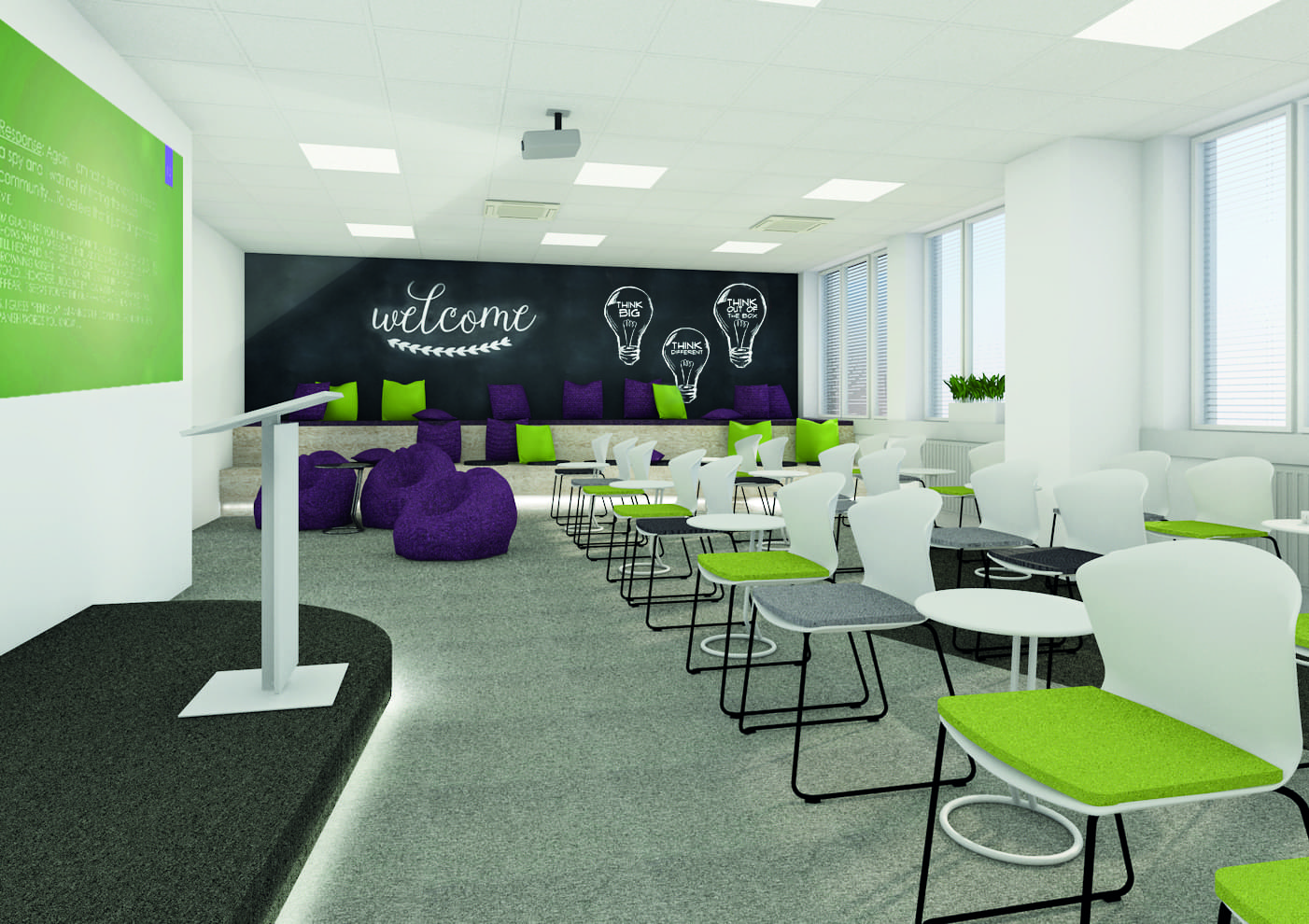 Vizualizace zasedací místnosti se sedacími vaky ve firmě Inventi 