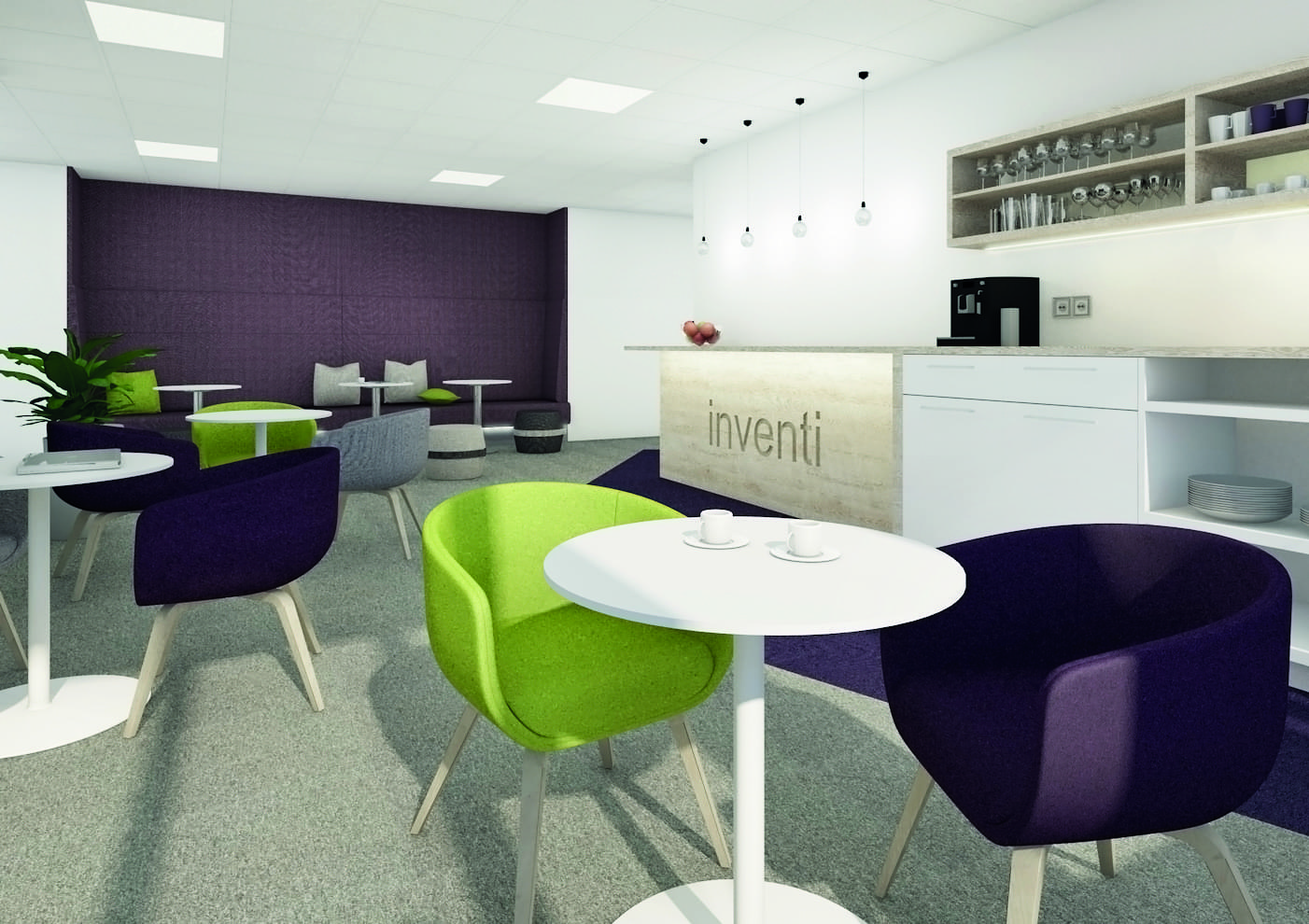 Vizualizace odpočinkové místnosti s křesílkami Nu od Actiu ve firmě Inventi