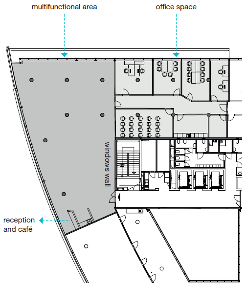 Černobílý plánek jednoho z pater budovy Alpha, kde jsou jednoduše vyznačeny pozice vybaveníl