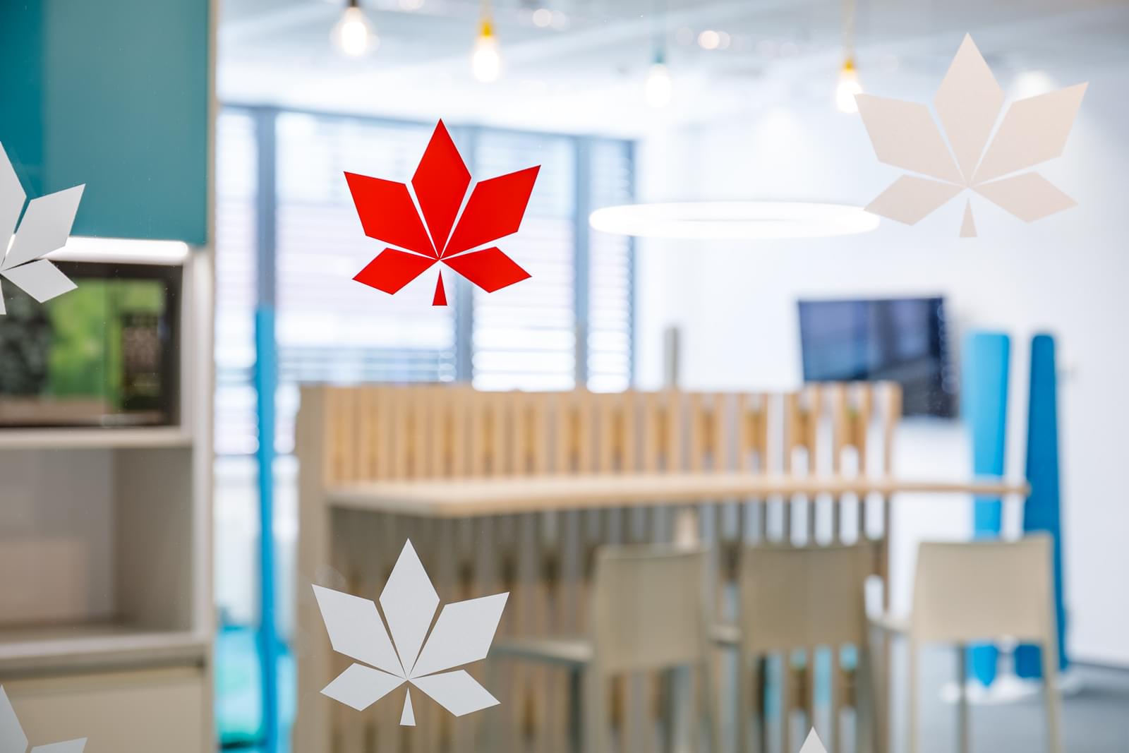 Glass wall with leaf stickers