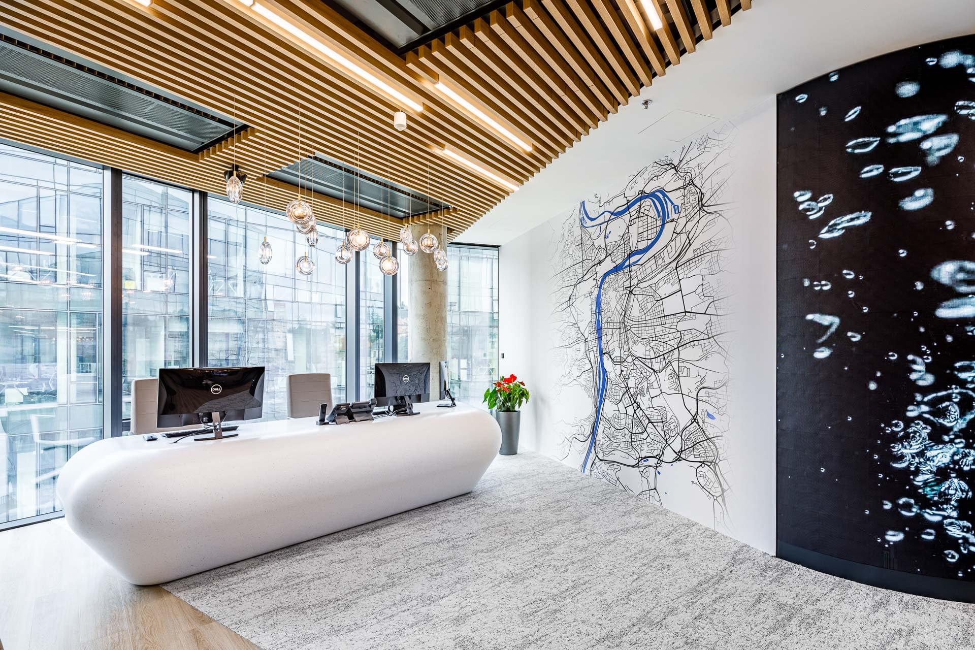 Modern reception area with interactive elements