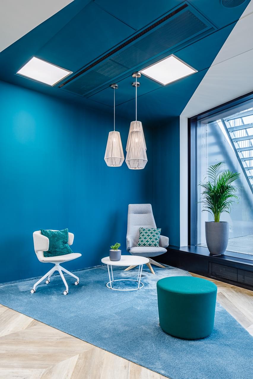 Relaxation area for employees in blue colors