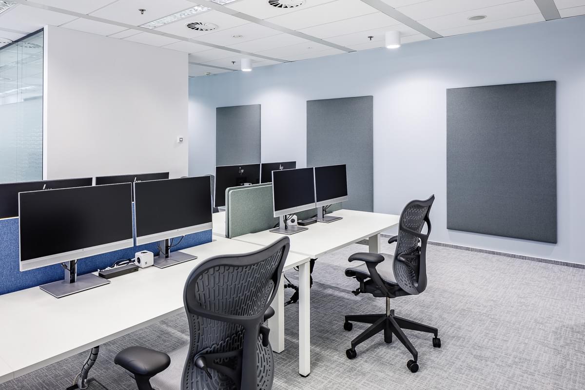 Office open space room with acoustic screens