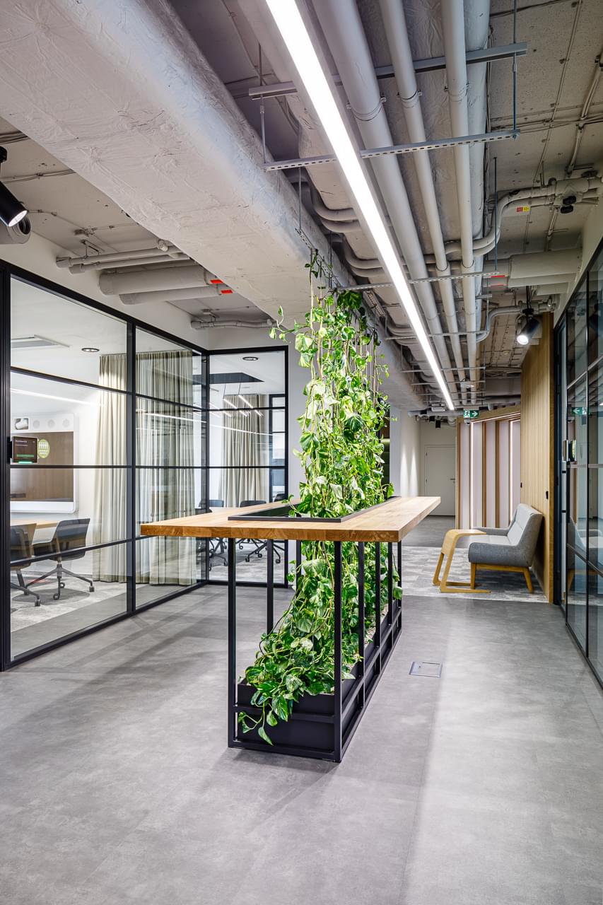 Netradiční chodba s rostlinnou vertikální zdí jako dominancí ve firmě Takeda