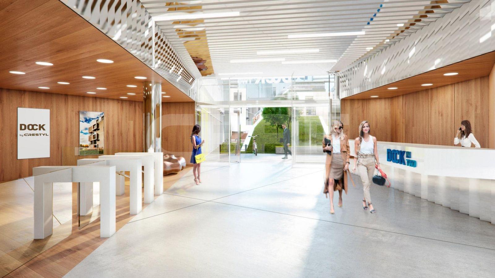 Světlý vstupní prostor objektu DOCK IN TWO tvořený převážně dřevěnými prvky.