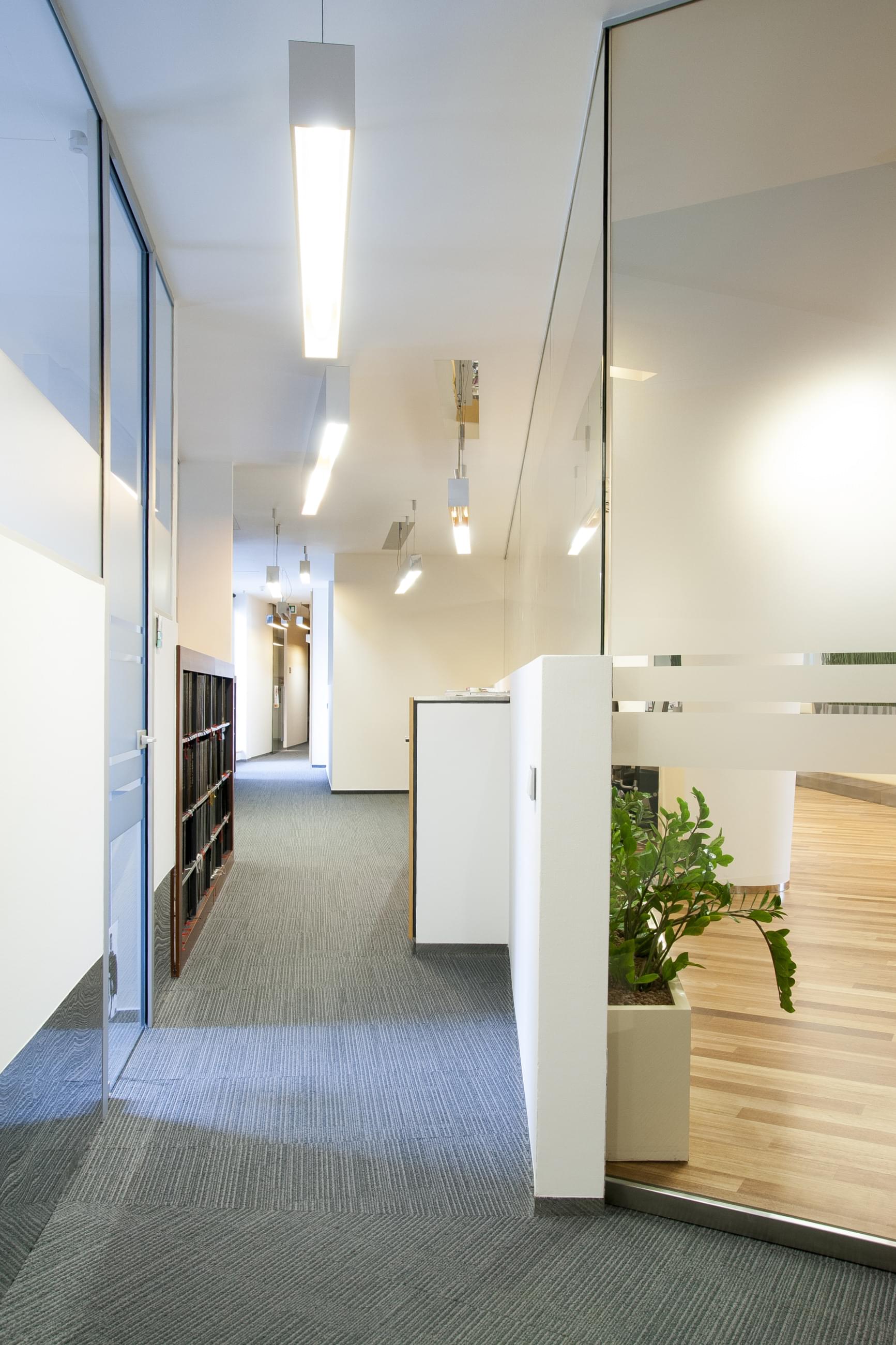 View of a slightly winding corridor with details in the form of storage space on the sides and atypicaly placed illumination on the ceiling.