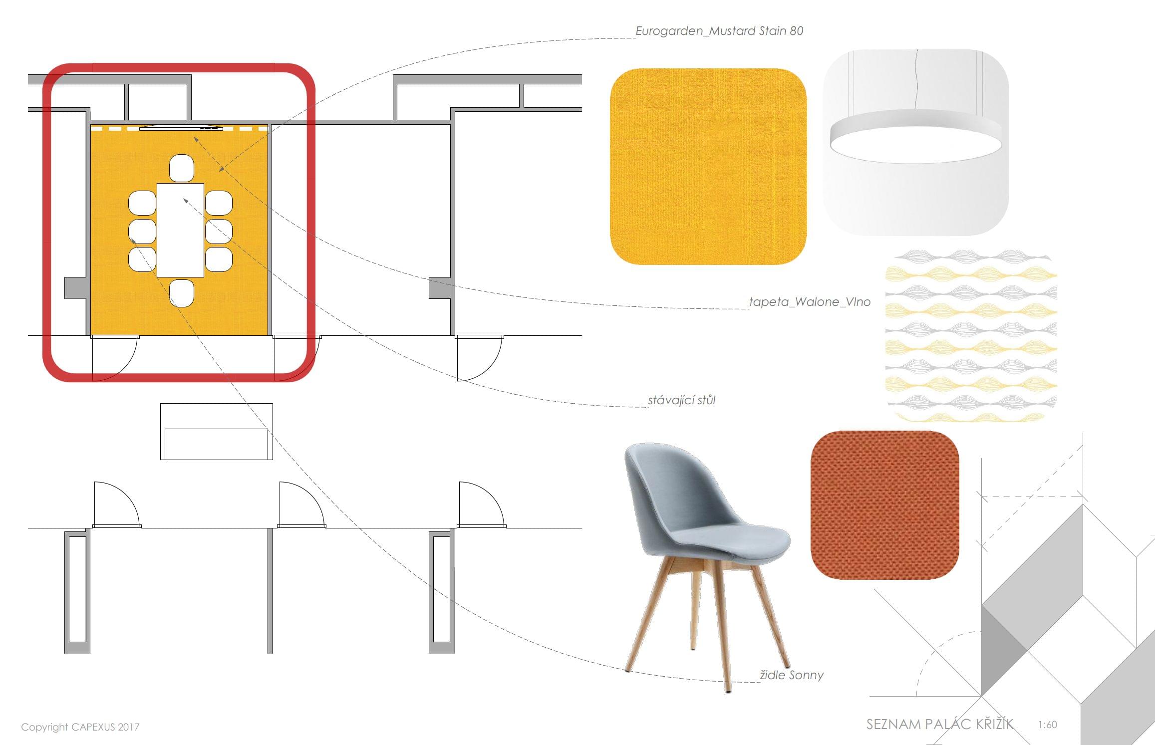 Vizualizace zasedací kanceláře Seznam laděné do žluto-šedé kombinace vybavení, akustických prvků i nábytku.