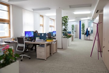 Útulné kanceláře, oživené několika květináči s živými rostlinami, které i přes openspace řešení poskytují dostatek soukromí.
