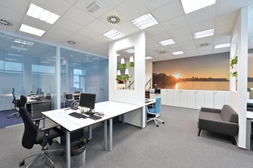 Workspaces are resided in the ResMed aerated offices by white SDK partitions with a holes filled with flowers.