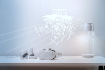 Brýle pro virtuální realitu s náčrtkem budovy