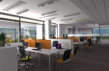 Implementation of new offices in DOCK I in Karlín. Open Space office with white tables, orange and green design chairs and large windows to nature.