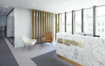 Prostor recepce byl navržen s mramorovým pultem a čalouněnými křesílky v zlato hnědé a bílé barvě.