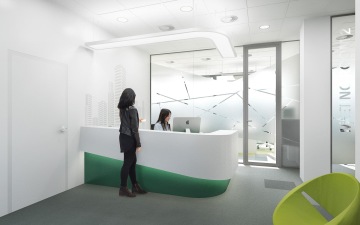 Recepční pult s LED osvětlením a tapetou mrakodrapu ve firmě CBRE