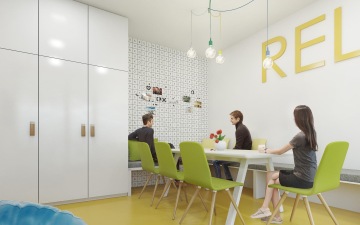 Designová relax zóna s tapetou osmisměrky ve firmě CBRE