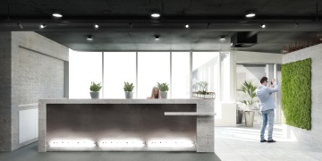 Návrh na betonovu recepci s dekorací mechové stěny pro firmu HOCHTIEF od firmy CAPEXUS