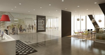 Kromě recepce je v lobby také kavárna a odpočinkově pracovní zóny.