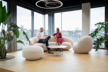 People sitting on sofas in modern office with city view