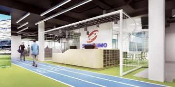 The Reception Desk is set into a real-size football grille in SPORTISIMO.