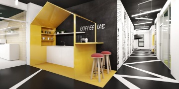 sytě-žlutá-pracovní-kuchyňka-bistro-kancelářský-interiér-středoevropské-banky-tapety-marmoleum