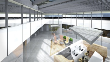 Moderní provedení open space kanceláře s designovým kancelářským nábytkem vytváří nadčasový prostor. Dřevěný ostrůvek uprostřed kanceláře s křesly badminton skvěle ladí do pastelových barev.