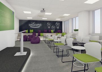 Vizualizace zasedací místnosti se sedacími vaky ve firmě Inventi