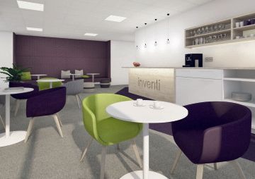 Vizualizace odpočinkové místnosti s křesílkami Nu od Actiu ve firmě Inventi