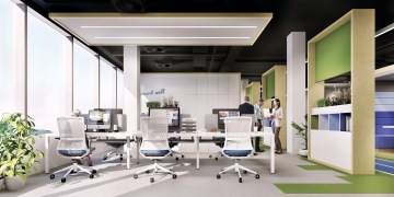 Bright open space office with acoustic panels at SPORTISIMO.