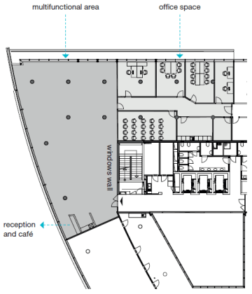 Černobílý plánek jednoho z pater budovy Alpha, kde jsou jednoduše vyznačeny pozice vybaveníl