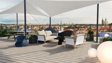 Moderní design venkovní terasy se sedačkami a markýzou proti dešti