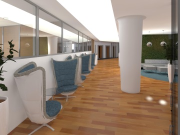 Moderně zařízená místnost s pohodlnými kancelářskými křesly pro setkávání s kolegy.