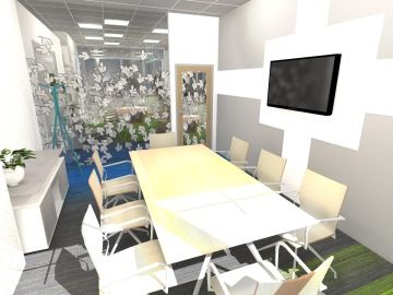 The QBE office is equipped with a large white desk and white conference chairs with a metal construction. Space is divided by a glass wall with ornaments. The floor covers the carpet from the new Voxflor Color Spring collection.