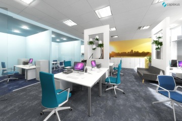 Open space moderní kancelářská místnost se světlým designem navozuje příjemnou atmosféru pro zaměstnance. Design kanceláře sympaticky zdobí závěsné květináče.