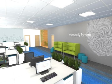 Moderní kancelářská místnost s pracovními stoly vedle kterých se nachází pohodlné akustické sezení. Dekorace ve formě květináčů oddělují jednotlivá pracoviště.