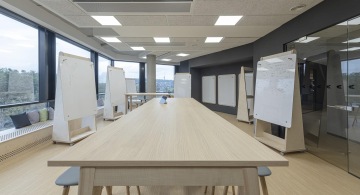 Minimalistická zasedací místnost se spoustu flipchartů pro brainstoming zaměstnanců v Productboard