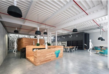 MAJO architects have designed a fit-out for Apiary. The room has a wooden counter and tables with a black metal construction, over which there are small vacuum bulbs. Karlin Hall has large black lamps.