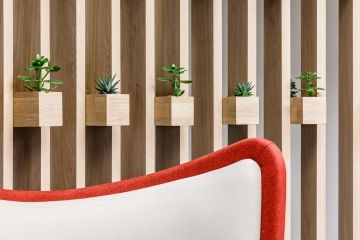 Detail na dřevěné květináče a křeslo od Actiu ve firmě Colonnade