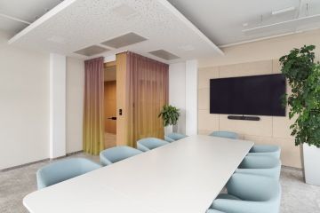 meeting room with colourful curtains