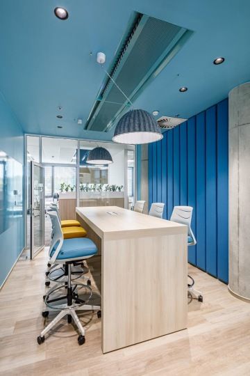 Small conference room with standing table in blue