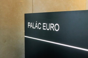 Detail of the reception desk with the Euro Palace logo