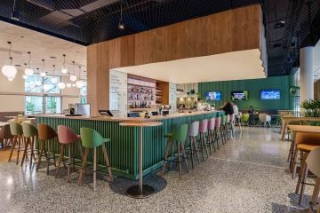 Modern lobby with designer lighting