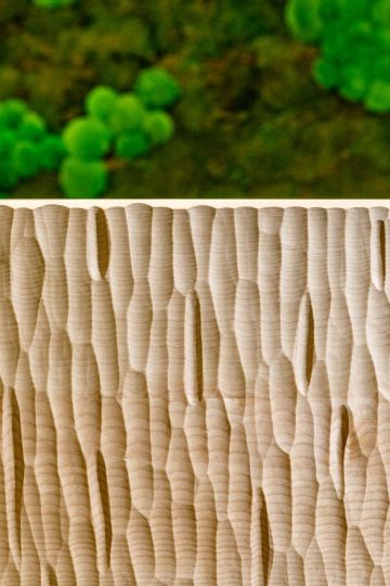 Detail recepce JTI z masivního javorového dřeva s mechovým obrazem