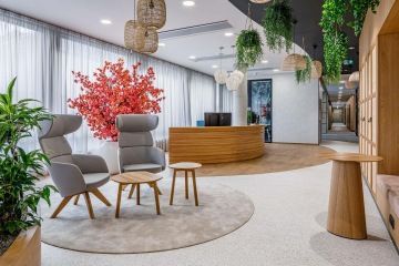 Kancelářská recepce, obklopená rostlinami a dřevěným nábytkem