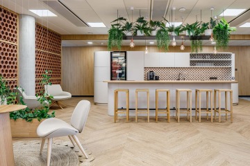 corporate kitchen with plants and wood