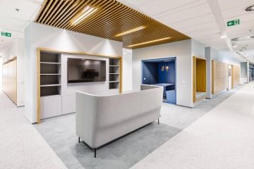 Relax zone in minimalist style with wooden decoration