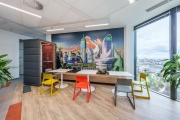Company kitchenette with a wall mural